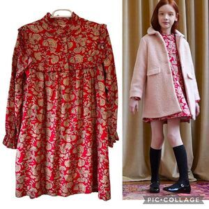 NANOS Girls Tan/Red Floral Long Sleeve Brocade Mini Dress, Size 16